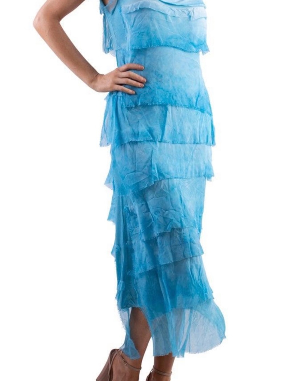 Gigi Moda Sienna Silk Ruffle Maxi Dress Turquoise One Size Sleeveless NWT